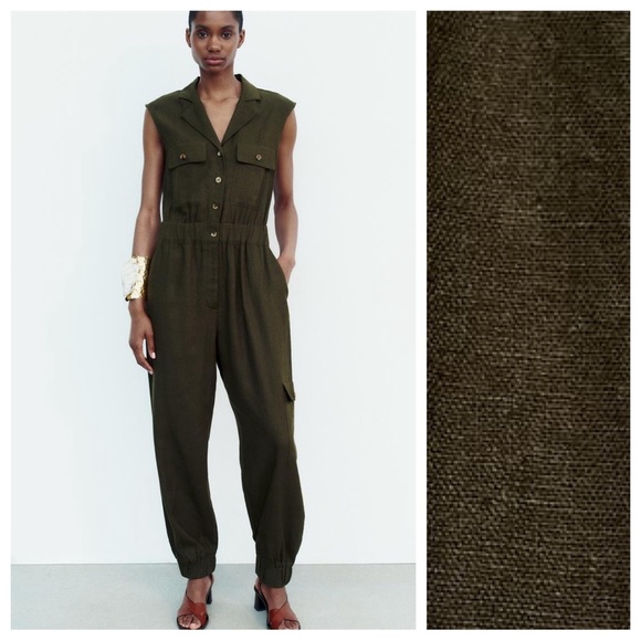 Zara Pants - NWT. Zara Dark Khaki Linen Blend Sleeveless Jumpsuit. Size M.